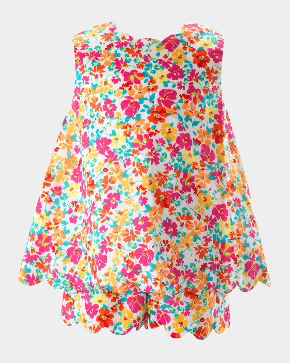 Girl's Scallop-Trim Floral-Print Short Set, Size 2-